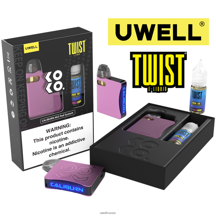 UWELL CALIBURN AK3 комплект + капсулы a3s 0,8 Ом (x2) + Daddy's Vapor 10 мл, соли 50 мг ZVLJ68246 UWELL vape flavours crl: розовый/flv: ягодно-средний лимонад