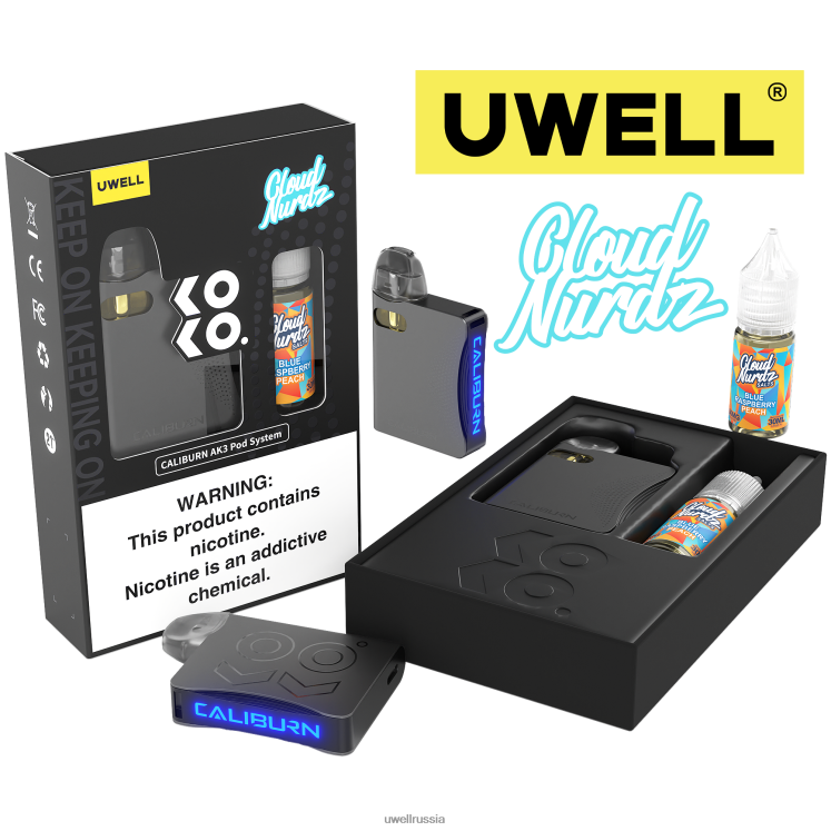 UWELL CALIBURN AK3 комплект + капсулы a3s 0,8 Ом (x2) + Daddy's Vapor 10 мл, соли 50 мг ZVLJ68247 UWELL vape price crl: серый/flv: синий малиновый персик